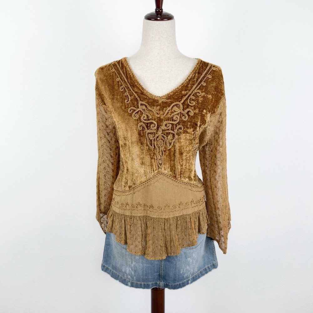 VTG Just Cruising Top Womens L* Yellow Embroidered Tie Back Hippie Boho Festival